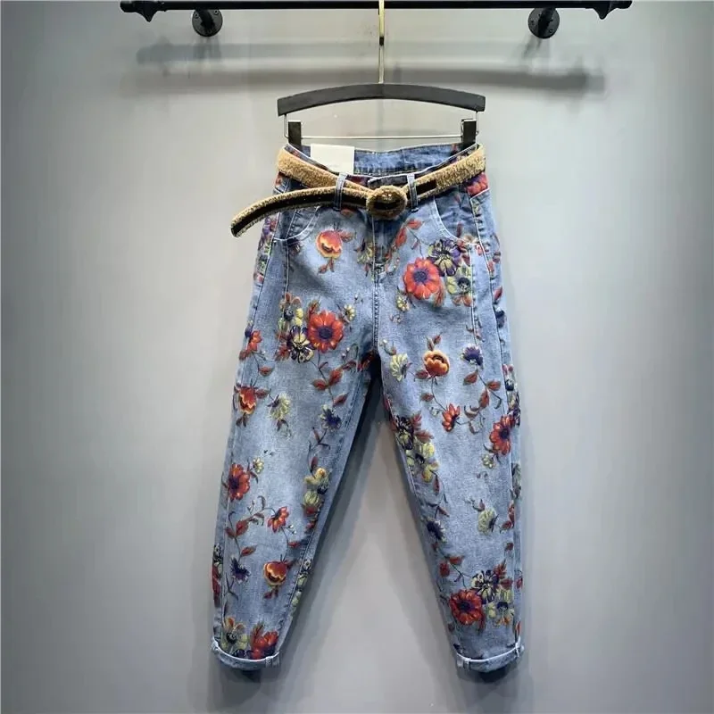 Women Fashion Flower Print Baggy Jeans Femme 2024 Spring Autumn Vintage Harem Pants Jeans Ankle-length Denim  Trousers