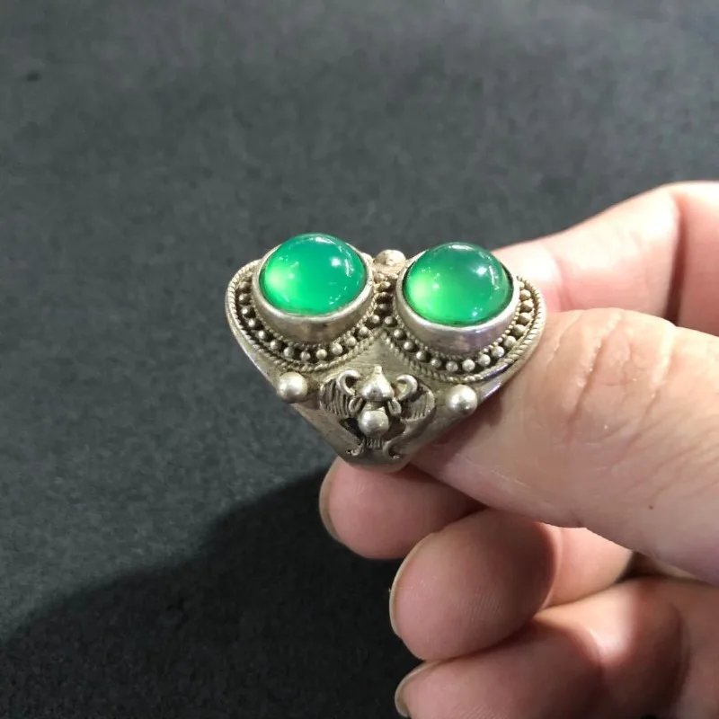 Vintage Carved Tibetan Silver Open Ring, Inlaid Green & Red Gemstone Adjustable Thumb Ring Antique Collectible Jewelry