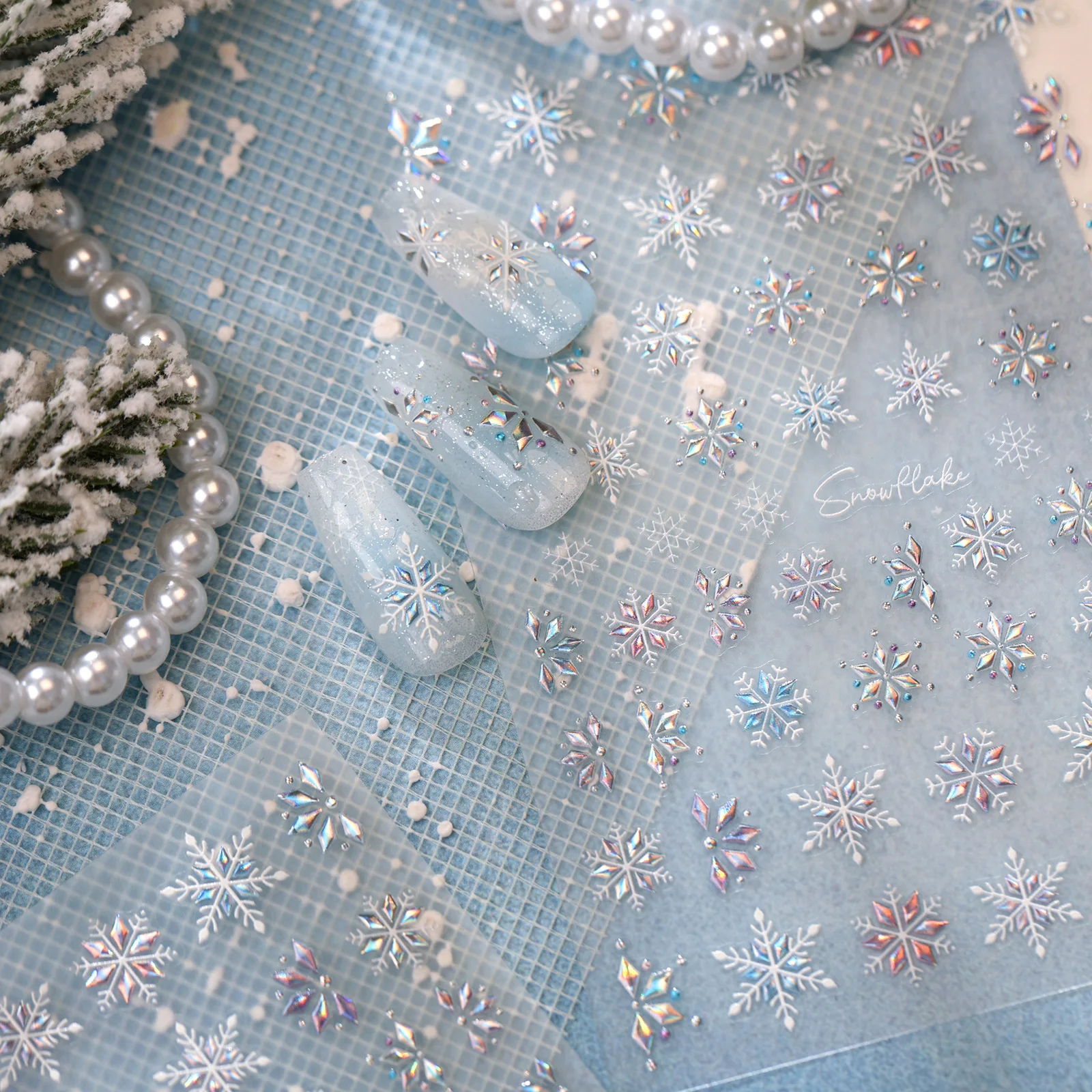 5D Embossed Holographic Snowflake Nail Stickers Sparkly Star Blue White Christmas Snowman Bell Bow Decals X'mas Manicure Decor