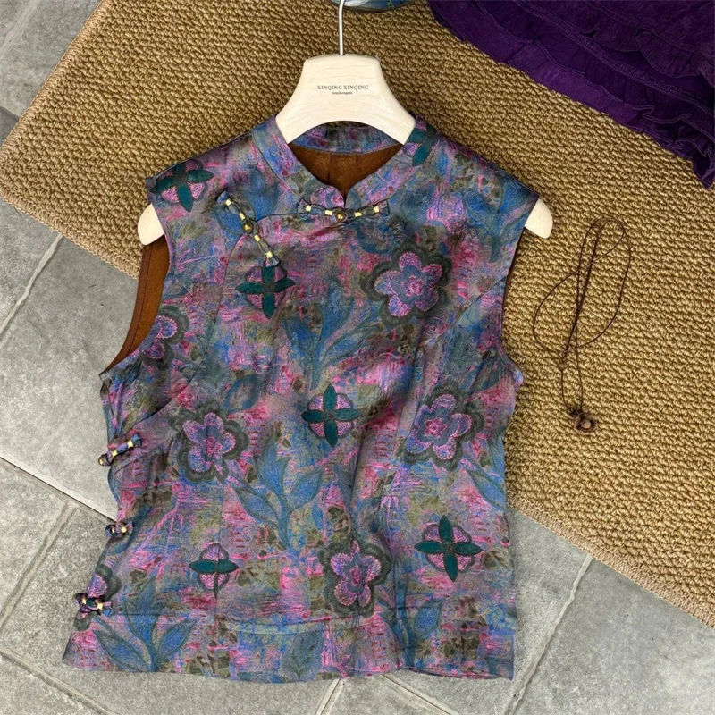 Chinese printing Gentle Wind loose Vest Coat Women's Sleeveless Age-reducing Shirt with Stand-up Collar in Spring and Summer New