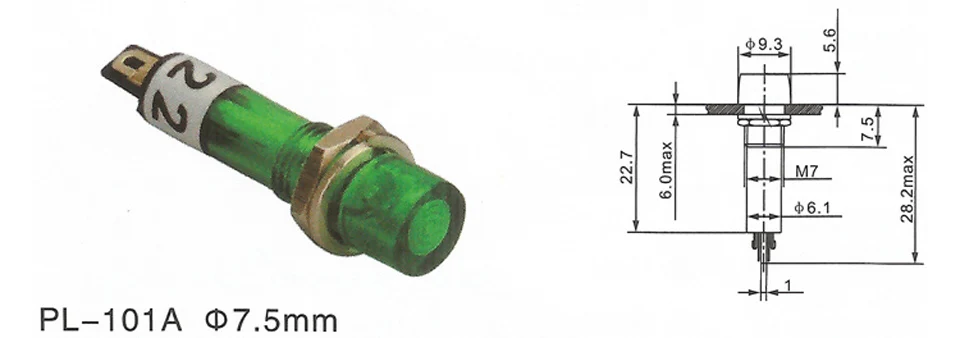 信号ランプパネル取り付けネオンインジケーター,赤,緑,黄色のライト,220v 12v/24vdc 7.5mm,パイロット