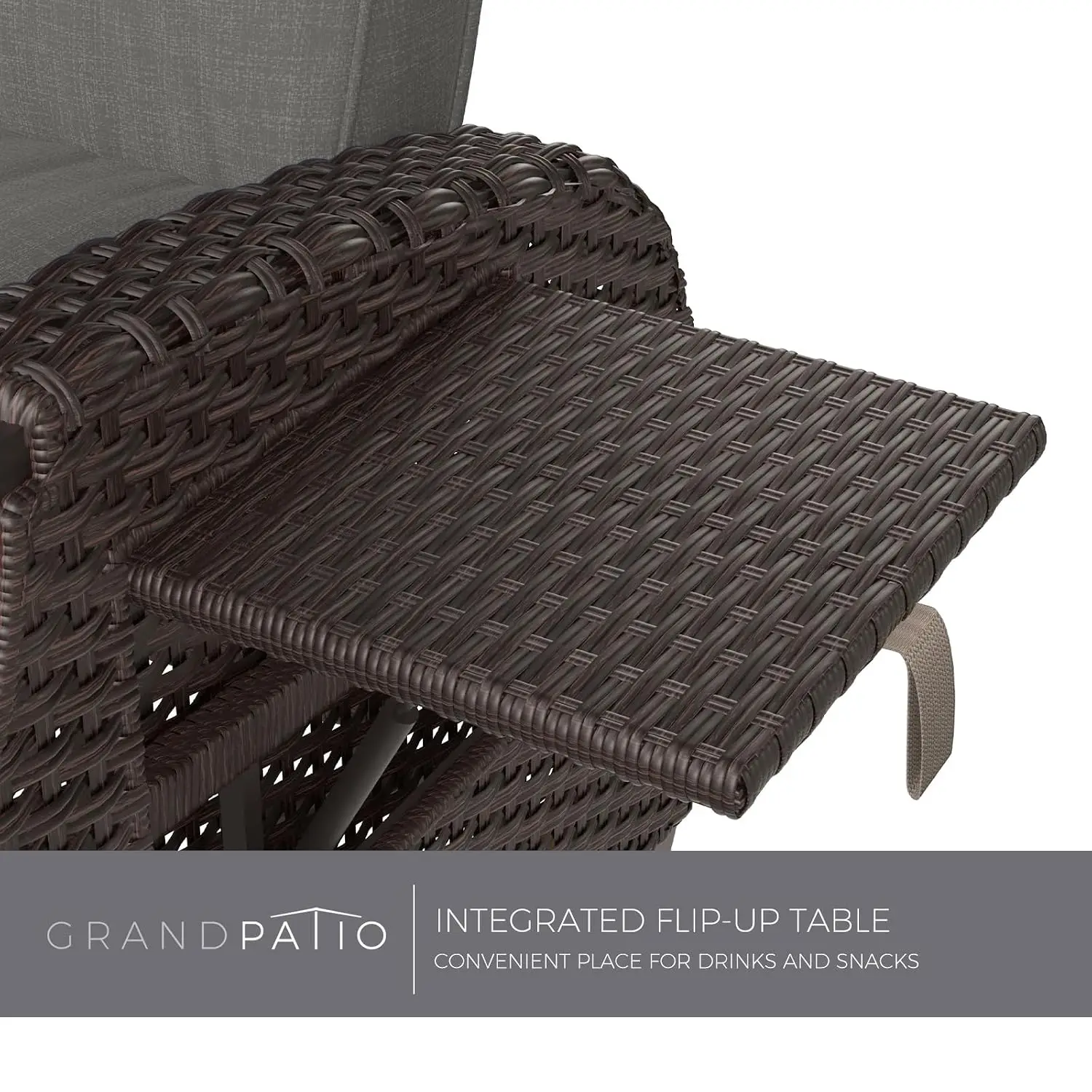 Outdoor Recliner Adjustable Back & Footrest 150° Lay Flat Wicker Chair Removable Cushion Flip-Up Table Grey 1PC, Customized