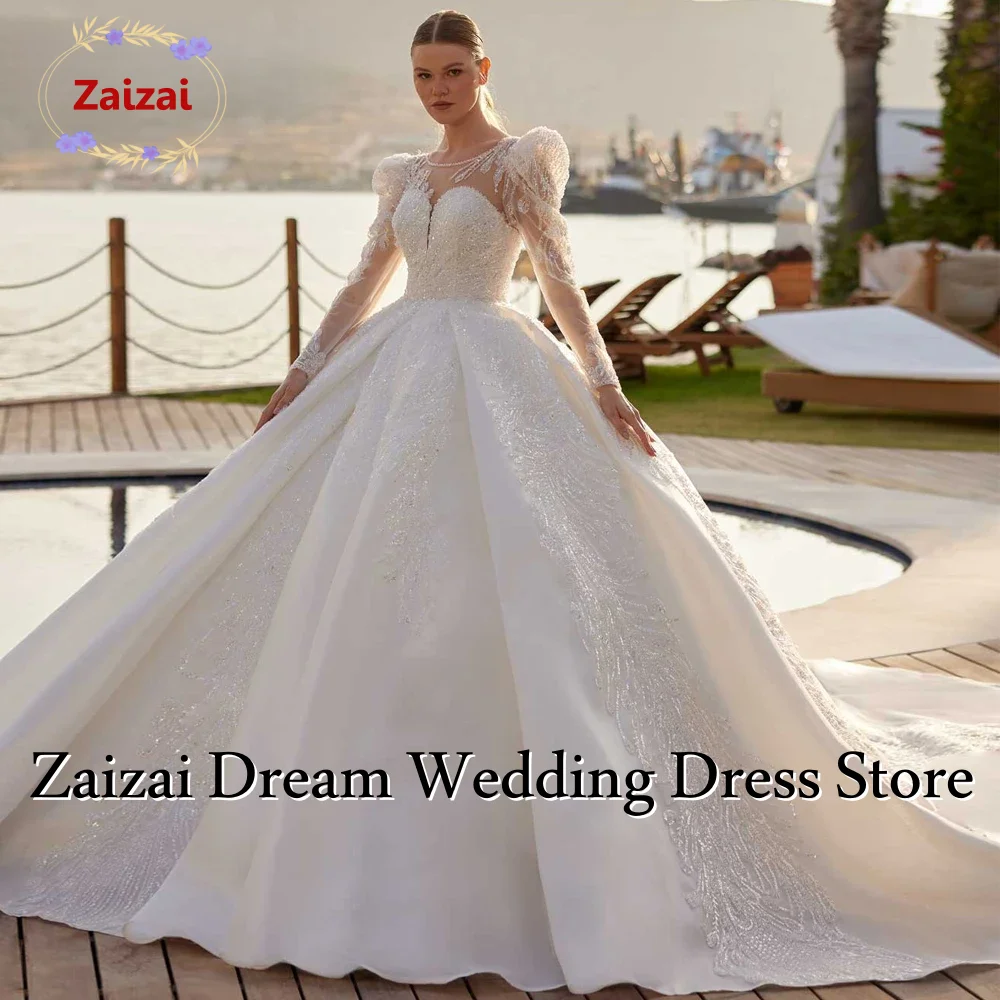 Customized Luxury Princess Wedding Dress Long Sleeves Beaded Lace Ball Gown Bridal Dress Puffy Shoulders Cathedral Train
