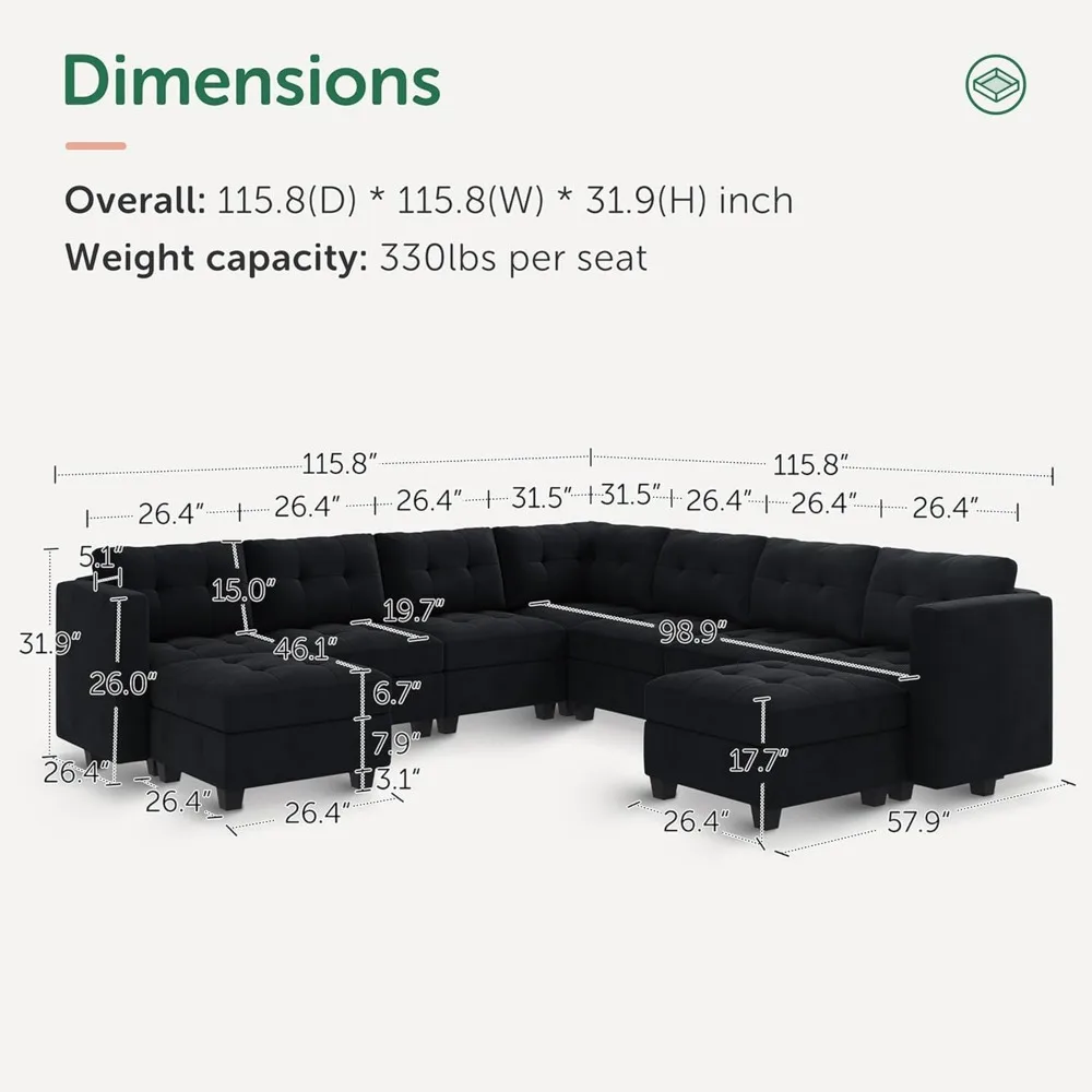 Modular Sectional Sofa, Storage Ottomans Oversized U Shaped Sectional Couch with Reversible Chaises 9-Seat Sectional Sofas Set