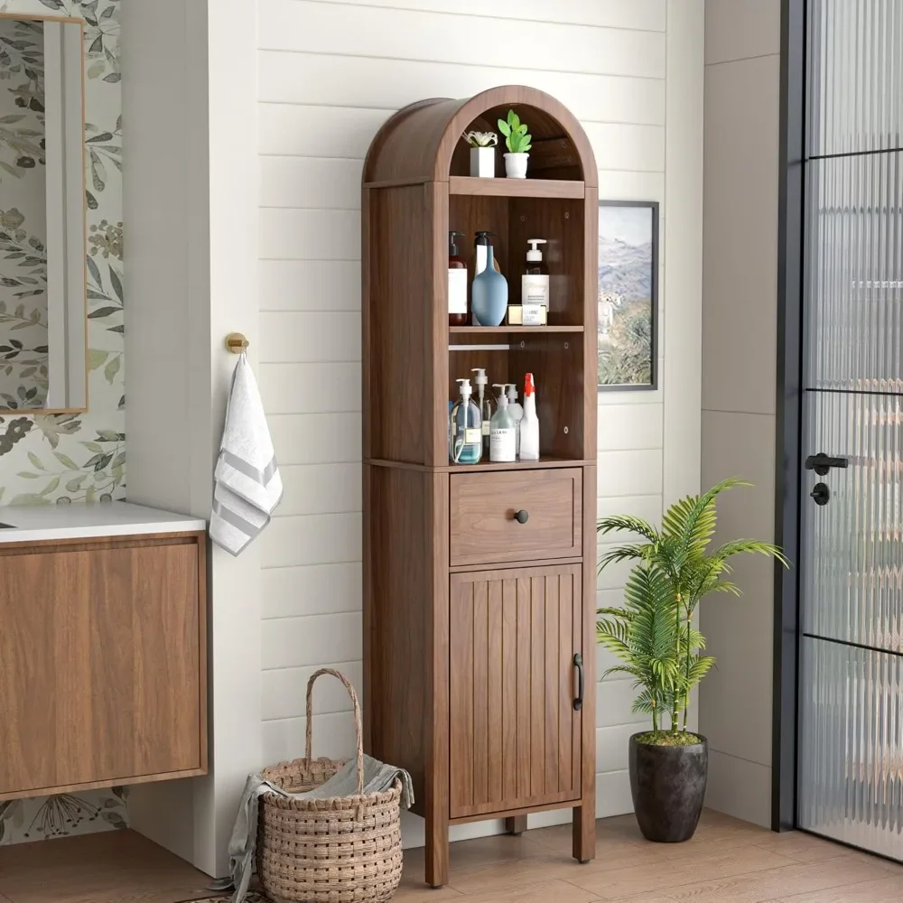 

64" Tall Bathroom Storage Cabinet with Adjustable Shelves,Tall Narrow Arched Freestanding Tower Cabinet with Fluted Doors