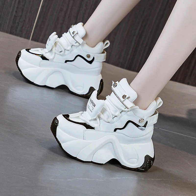 

Womens White Black High Top Platform Chunky Sneakers Hidden Heel Lift Zipper Detail Casual Dad Shoes For Daily Wear New Autumn