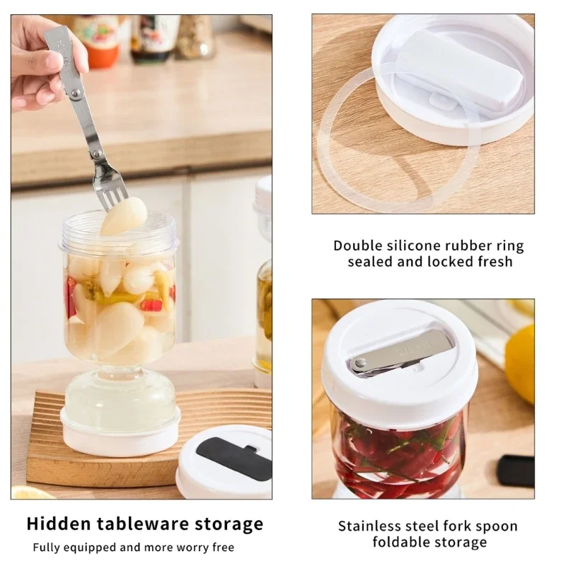 Kitchen Wet and Dry Separation Pickle Jar With forks Wet and Dry Dispenser Flip Pickle Jar Plastic Inverted Storage Holder &clip