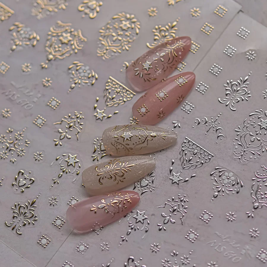 5D Gold Silver Totem Texture Star Flower High Quality New Bronzing Nail Stickers Art Decorations Design MS-610