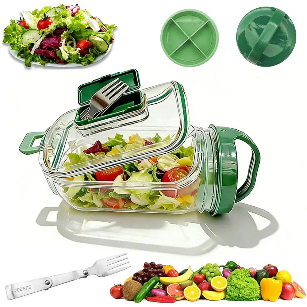 Portable Salad Container with Fork & 4-Compartment Dressing Cup Leak-Proof Salad Bowl for Lunch Travel Picnic