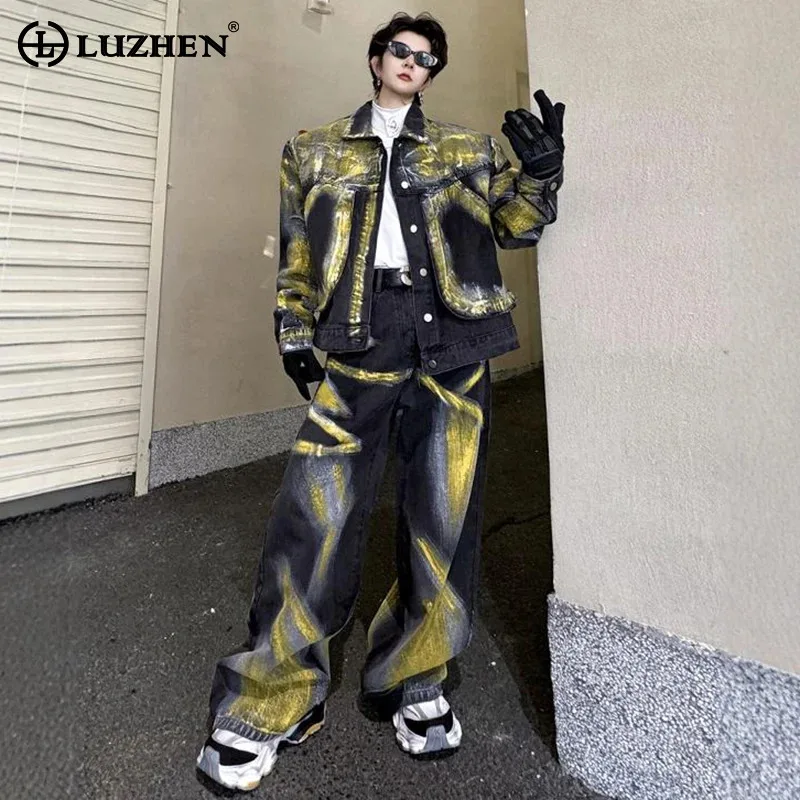 

LUZHEN 2024 Autumn Painted Design Denim Jacket Two-piece Sets Street Trendy Personalized Pattern Baggy Male Denim Pants LZ6619