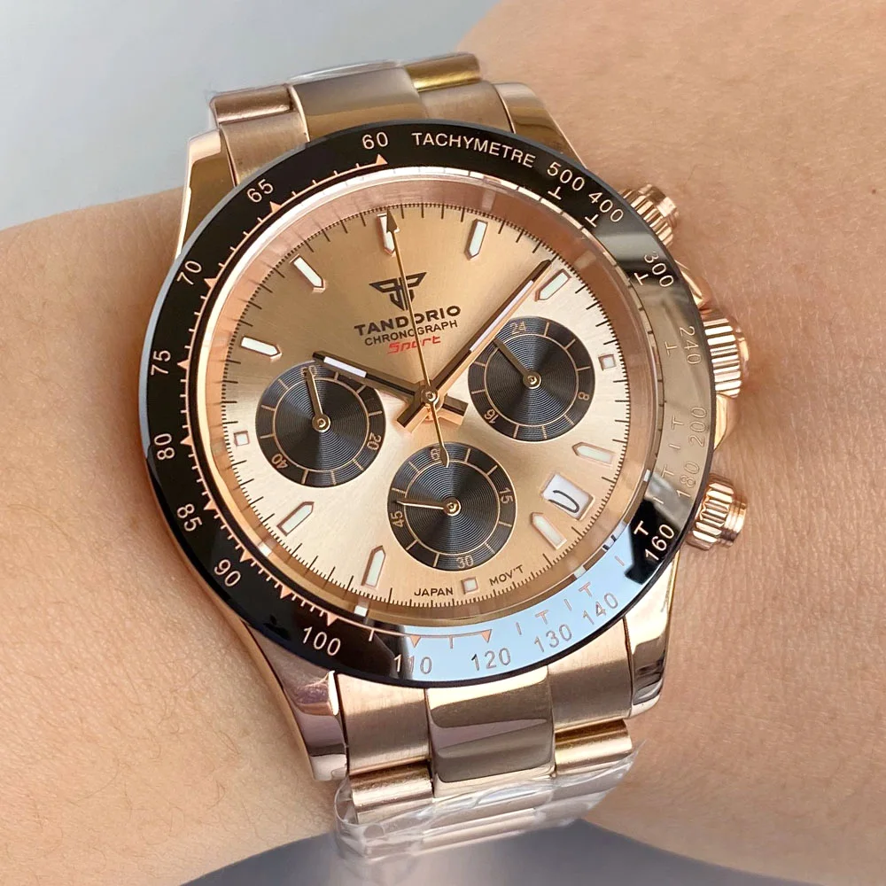 Tandorio 남성용 클래식 크로노그래프, 블랙 로즈 골드, 39mm 사파이어 크리스탈 시계, 달력 시계, VK63 쿼츠 무브먼트, 신제품