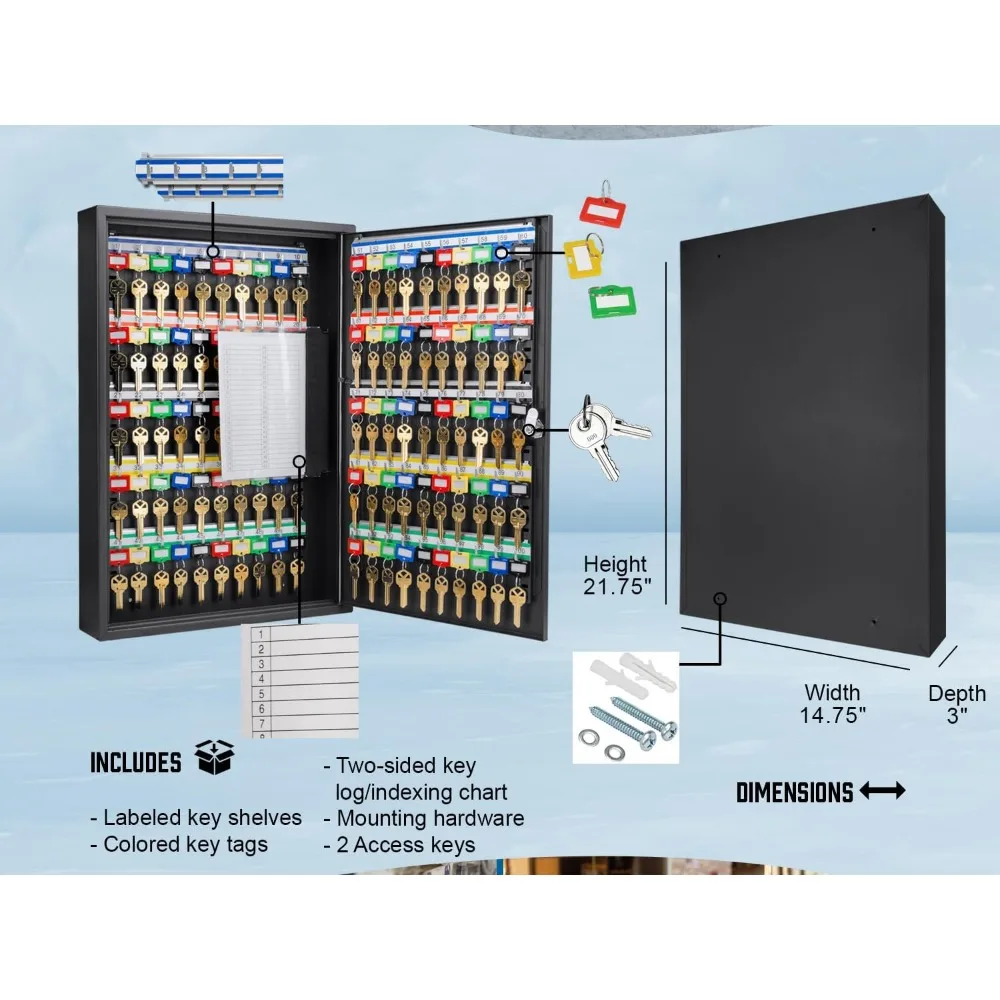 خزانة تخزين مفاتيح فولاذية مكونة من 100 فتحة مع خطافات قابلة للتعديل وسجل المفاتيح وعلامات الألوان ومخطط الفهرس