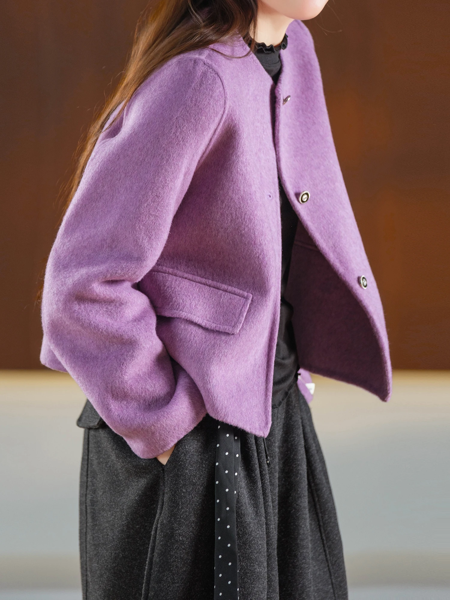 Double-Faced Woolen Coat Elegant Style Handmade Seaming round Neck Button-Up Outerwear for Young Women by Little Ear Production