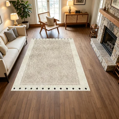 Moroccan Beige Plush Polka Dot Border Carpet Square Rug Non-Slip Floor Mat Suitable for Bedroom Living Room Home Decoration
