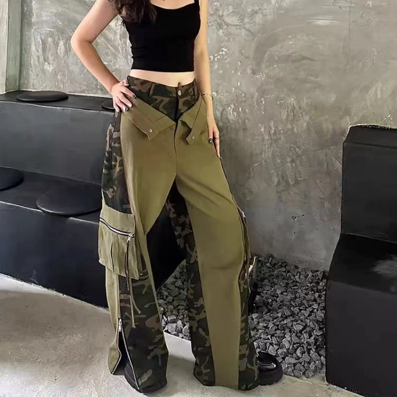 

Cool Girl Retro Overalls Fake Two-piece Splicing Niche Design Camouflage Pants Street Hip-hop Drape Women's Straight-leg Pants