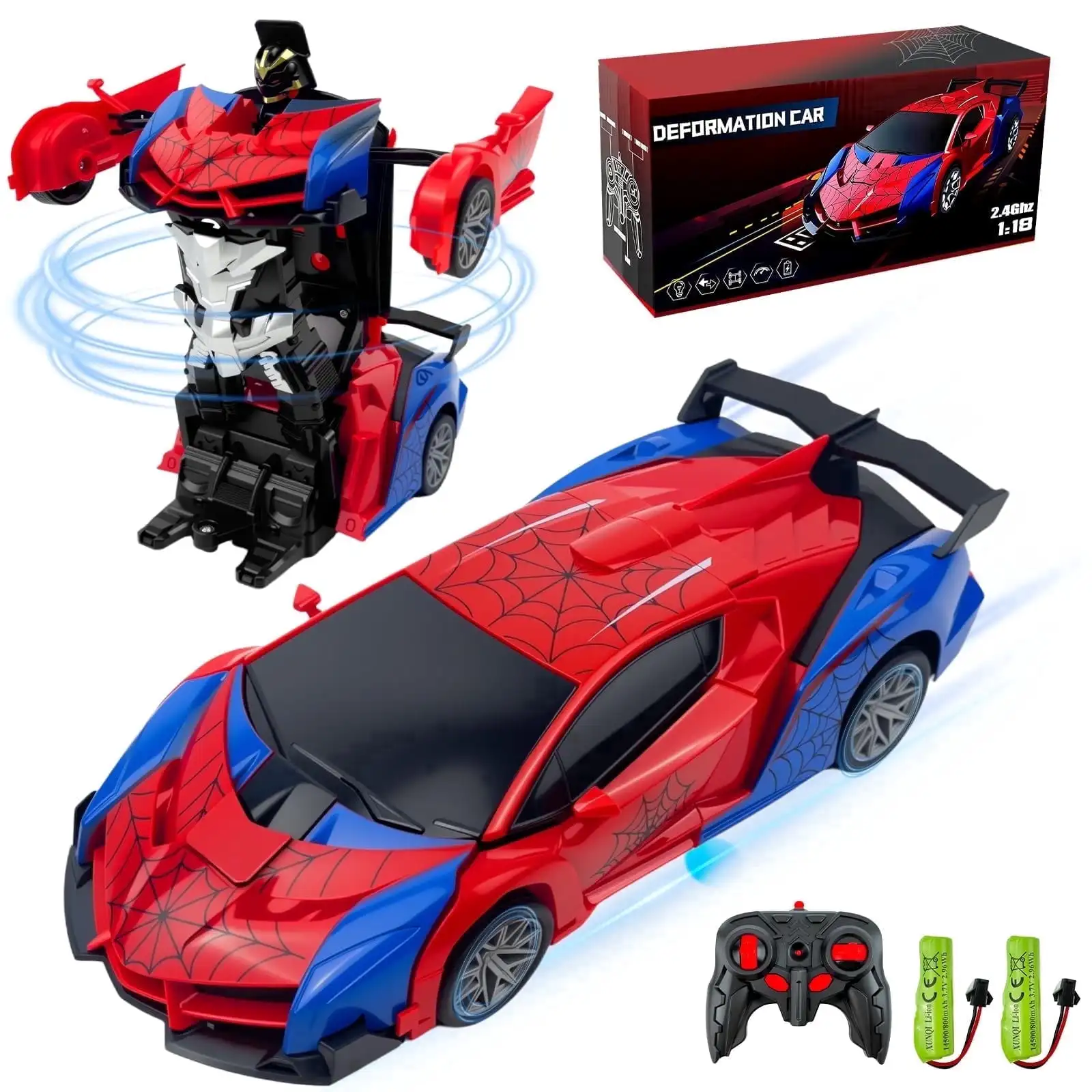 1:18 RC Transforming Spider Car Robot Toy, 2.4GHz Remote Control Stunt Vehicle with 360° Rotation for Boys Kids Ages 3-12 Gifts