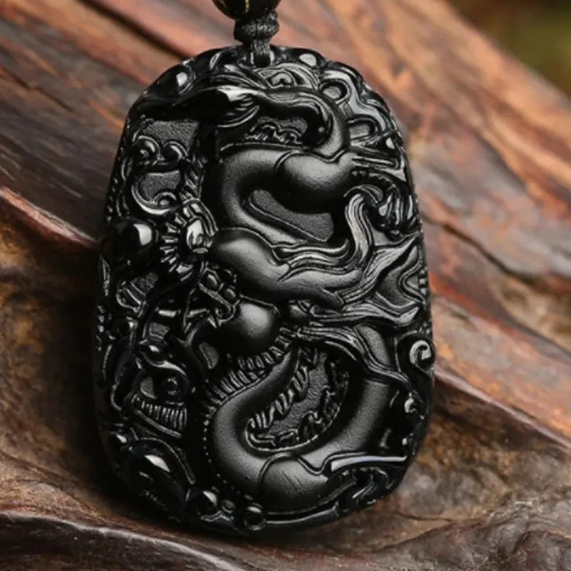 Colgante de obsidiana para hombre y mujer, marca de dragón