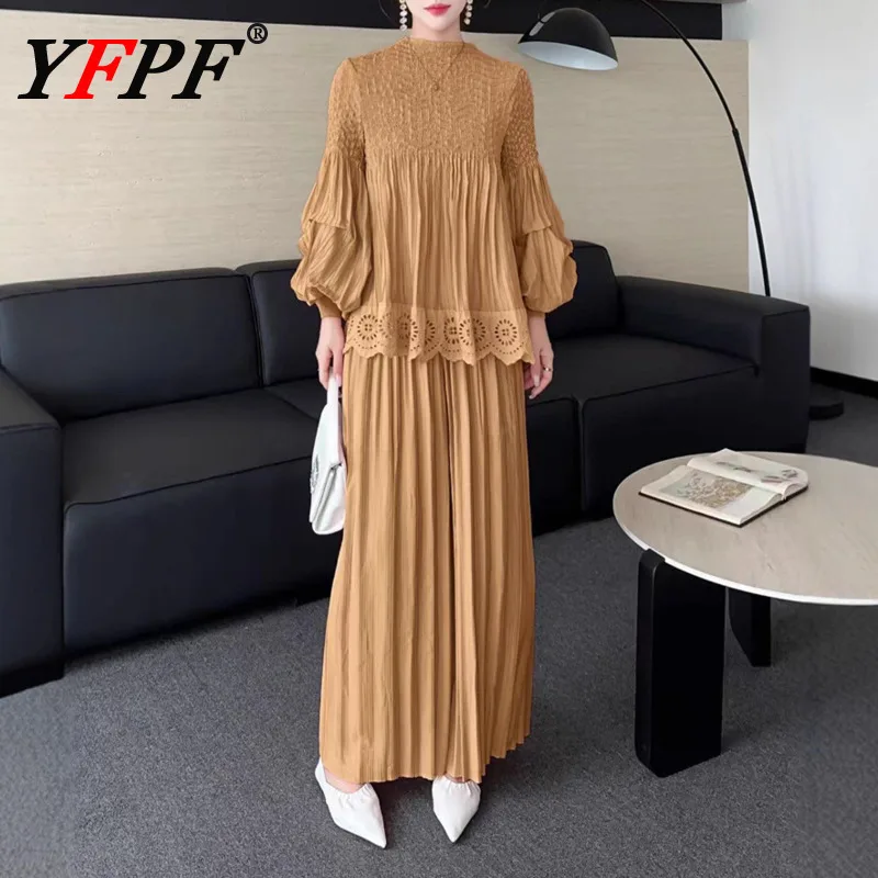 

YFPF модный однотонный комплект из двух предметов для женщин, свободный кружевной пуловер, топы + широкие брюки, повседневная осенняя новая одежда 2025 г.