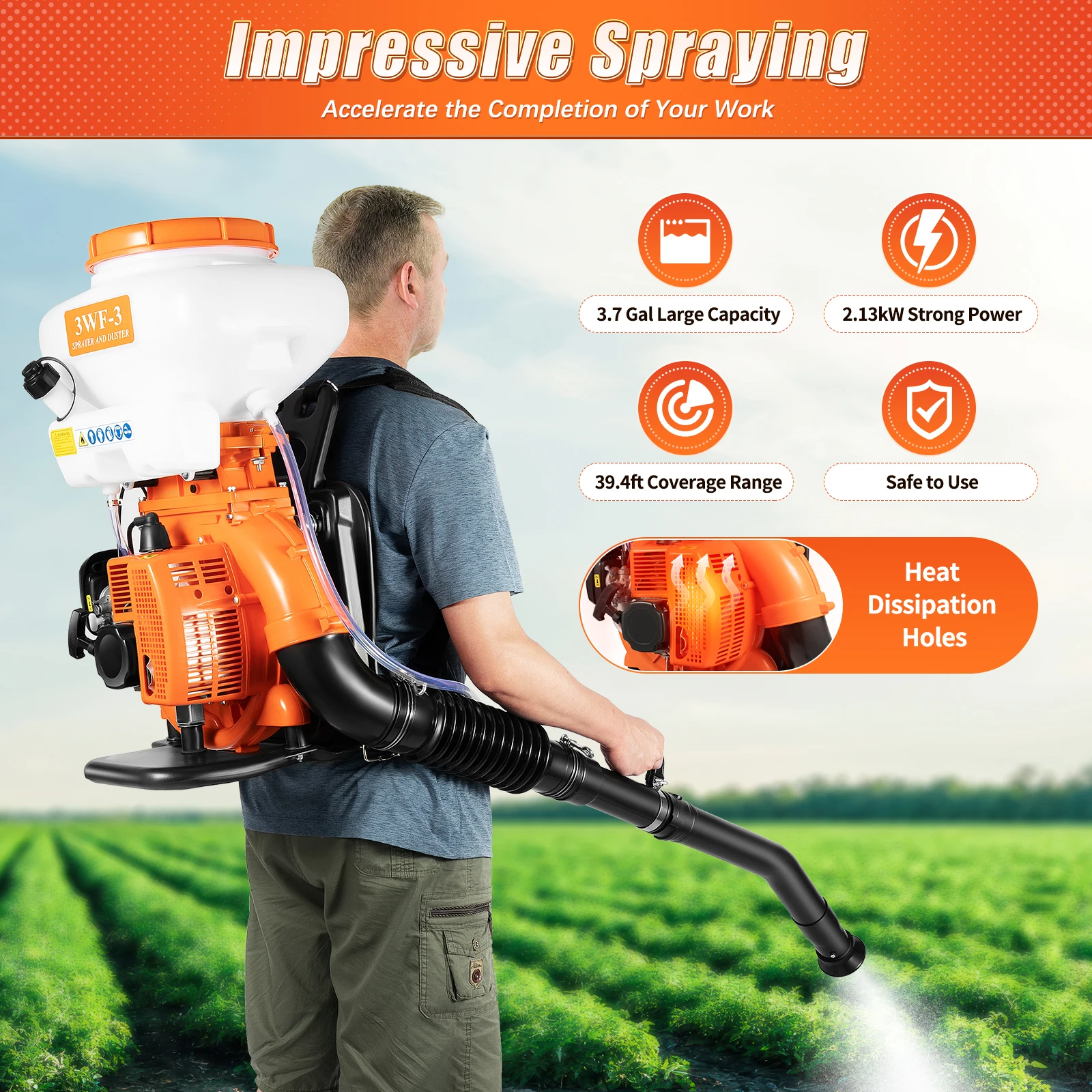 3WF-3 Gasoline Backpack Sprayer 41.5CC 2-Stroke 2.13KW 7500RPM 14L/3.7Gal Tank 39.4FT Max Spray Range Manual Start Anti-scald Cover Shock-absorbing Sponge Backrest Detachable Spray Tube Anti-loss Fuel Cap Adjustable Throttle Farm Pesticide Mist Blower