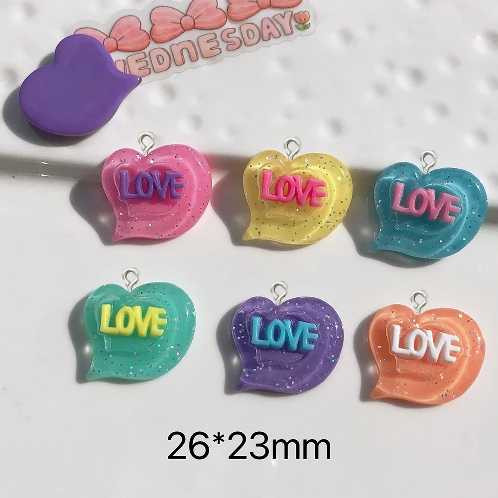 10Pcs New glitter love heart resin charms pendants for jewelry making bracelets necklace earrings accessories flatback cabochon