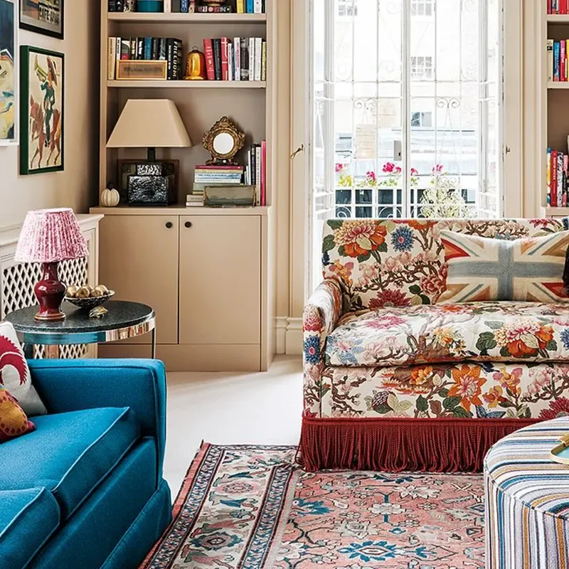 Idyllic Fabric Printed Double Sofa for Small Apartment Living Room Bedroom Retro Style Lazy Couch
