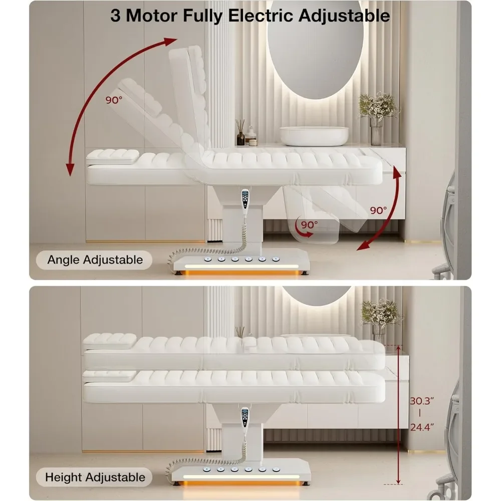 完全に電気的なプロのスパチェア、LEDライト付きの調整可能なマッサージテーブル、高さと角度、白、3モーター