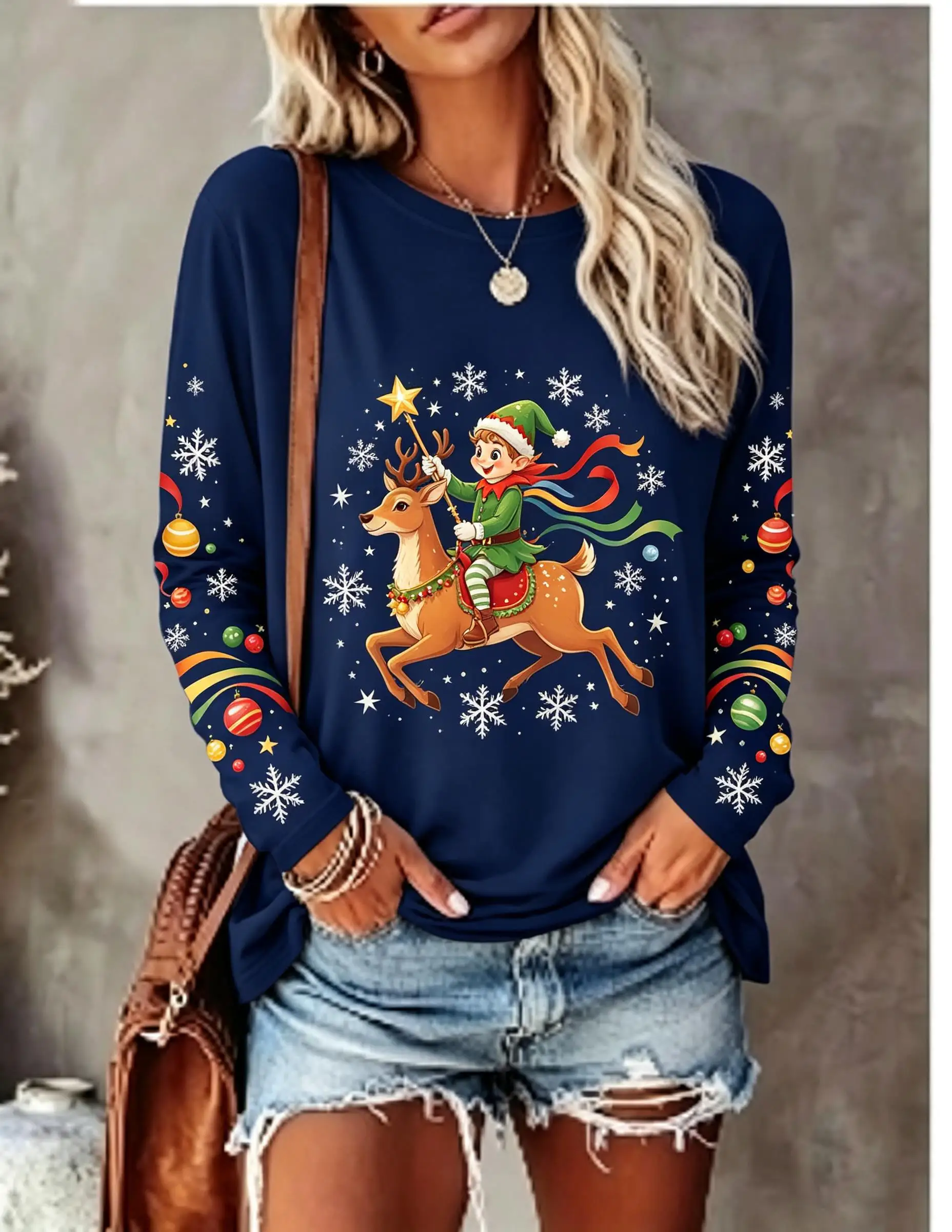 Women Long Sleeve T Shirt Christmas Elf Riding Reindeer Snowflake Ornament Print Crew Neck Casual Fall Tops