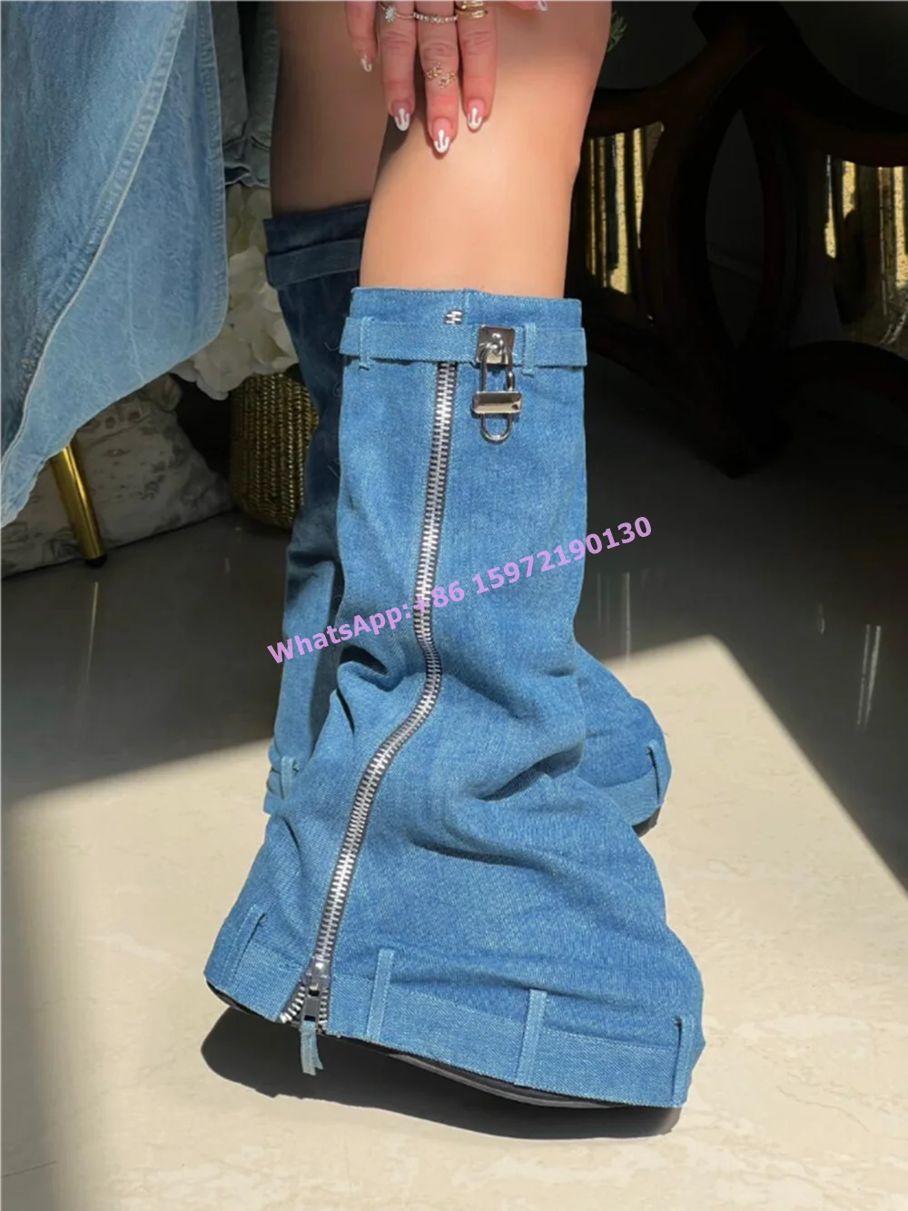 Denim Blue Metal Lock Shark Boots Thick Soled Side Zipper Round Toe Turned-Over Edge Solid Shoes Hotties Fashion Runway Shoes
