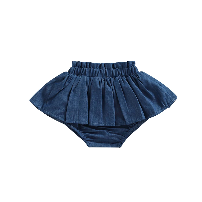 

Baby Kids Girls Denim Shorts Elastic Waist Pleated Solid Summer Skorts for Casual Daily