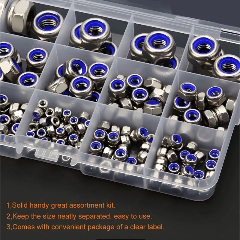 170/220/240pcs Stainless Steel Metric Locknut Kit, Nylon Insert Hex Nuts M3-M12, Polished, Corrosion-Resistant, Prevent