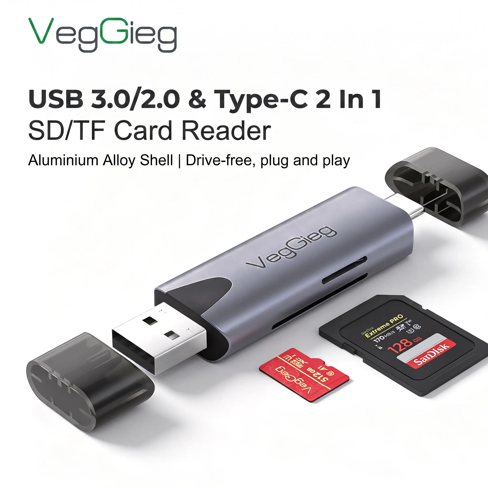 VegGieg 2-in-1 USB 3.0 Type-C Card Reader High Speed SD TF Memory Card Adapter for Laptop & Phone OTG Card Reader