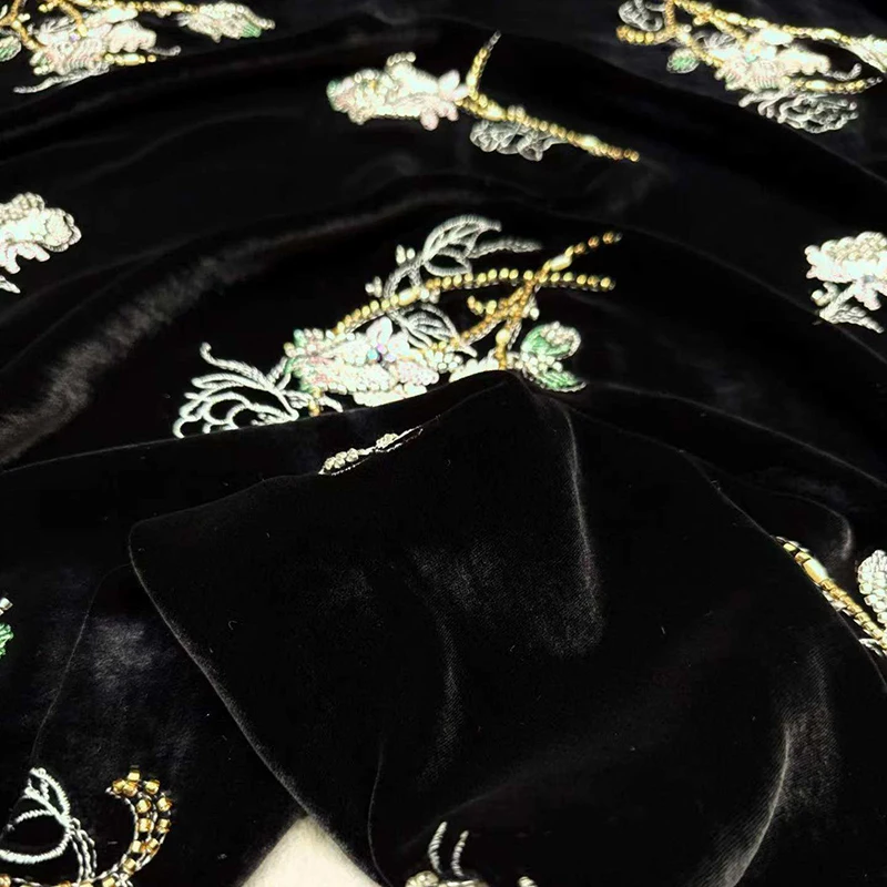 Floral Pattern Beaded Sequins Black Velour Silk Fabric for Autumn Dress Skirt Jacket Velvet Fabric for DIY Sewing R7162