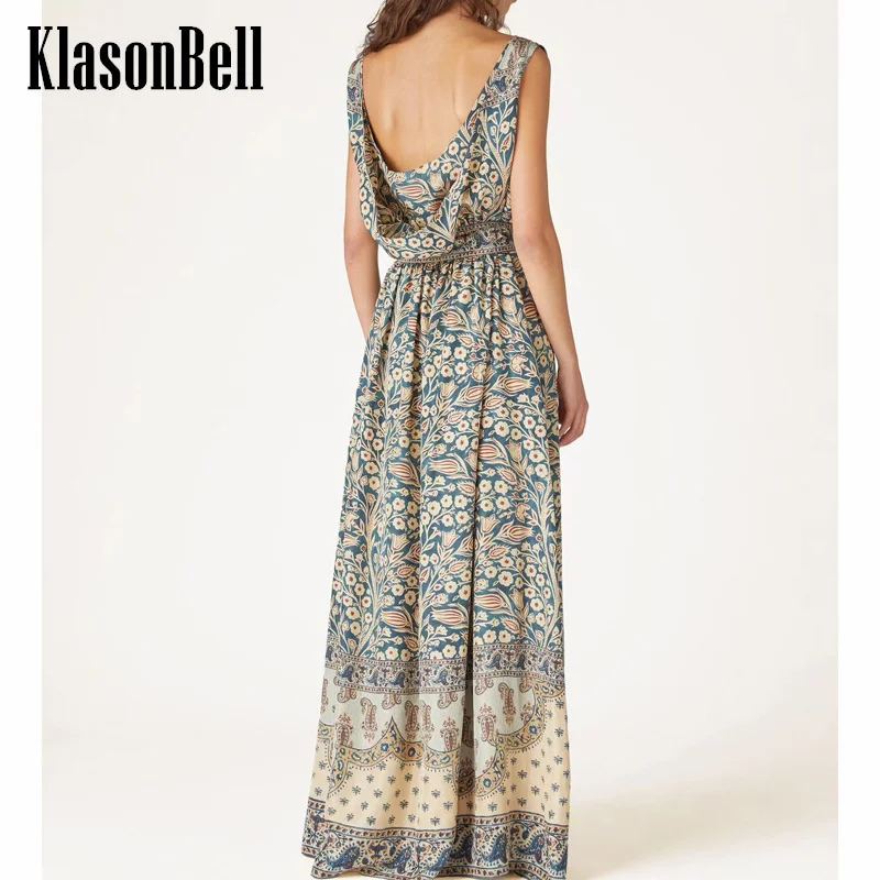 

7.21 KlasonBell Women Beach Holiday Floral Print Silk Long Dress Sexy Backless Bandage Collect Waist O-Neck Sleeveless Dress