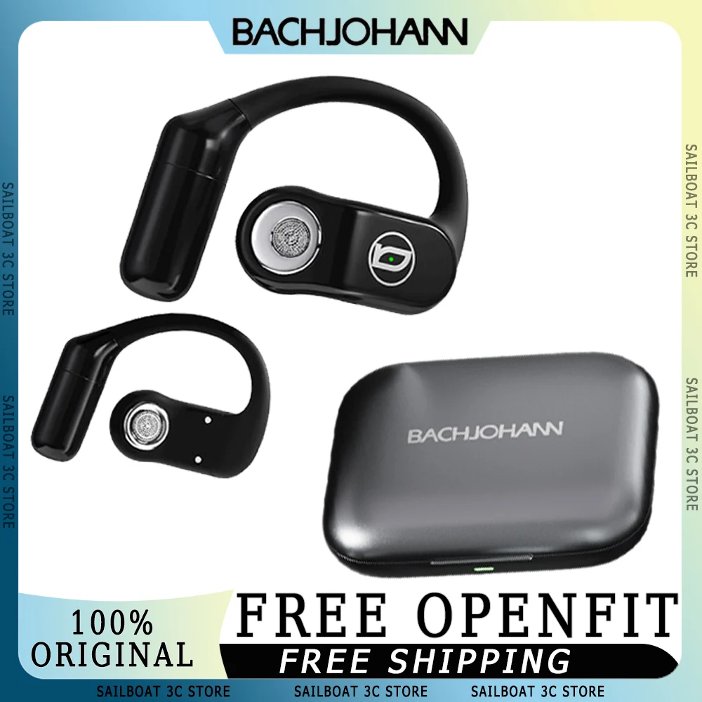 BACHJOHANN Free OpenFit Bluetooth Earphone Panoramic Stereo Sound Replaceable Battery Waterproof Hanging Sports Headset Cutsom