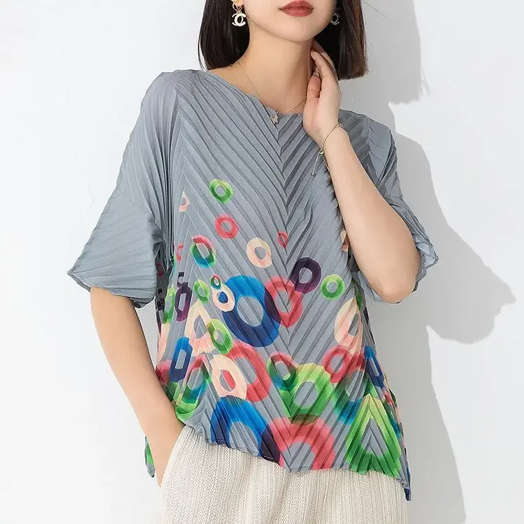 Miyake Pleated T-shirt Women\'s 2023 Summer New High-end Temperament Printing Loose Loose Hundred with Thin Fashion Tops