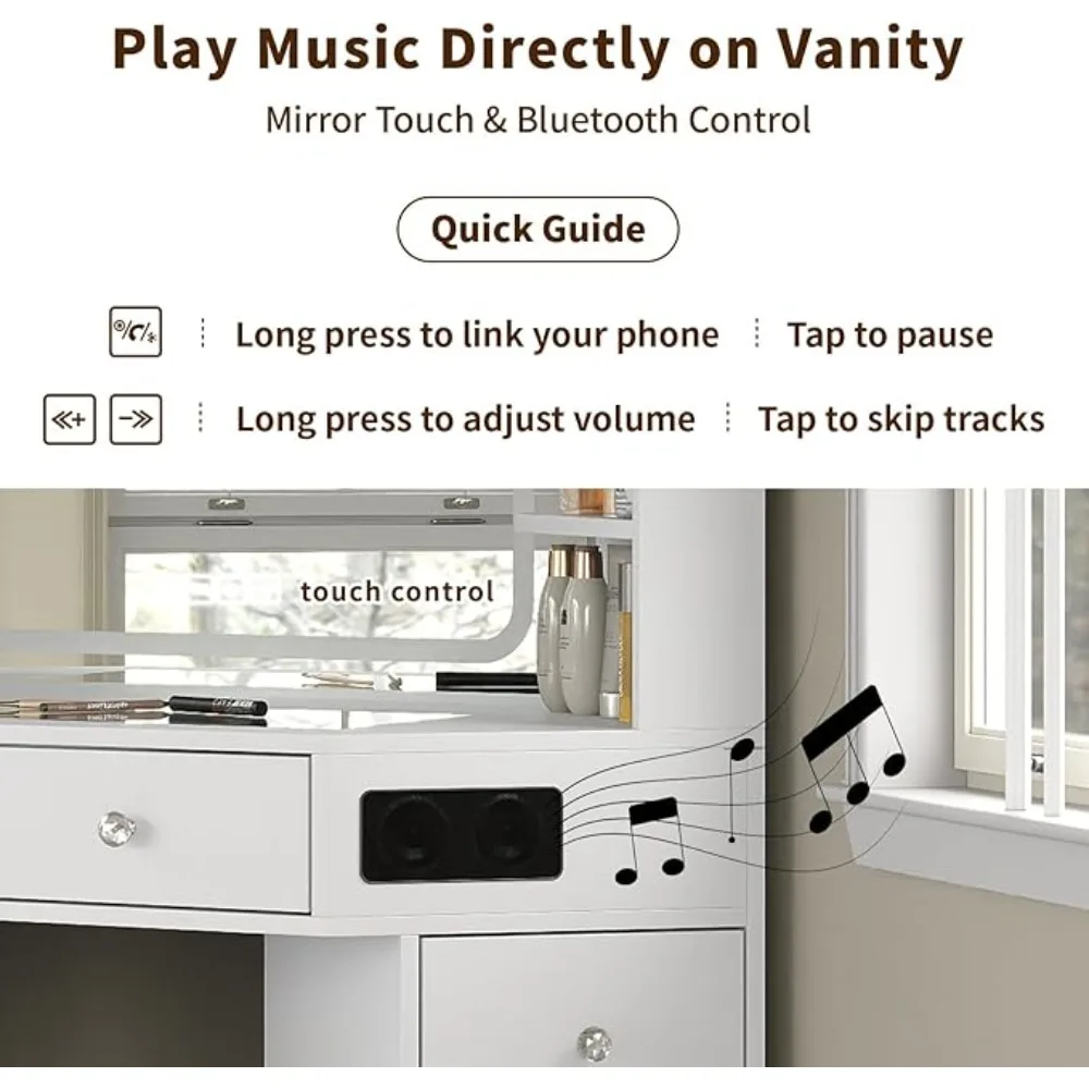 Corner Vanity Desk with Bluetooth Speaker, 8 Drawers & 6 Shelves, Modern Vanity with Mirror and Lights, Makeup Vanity with Glass image 6