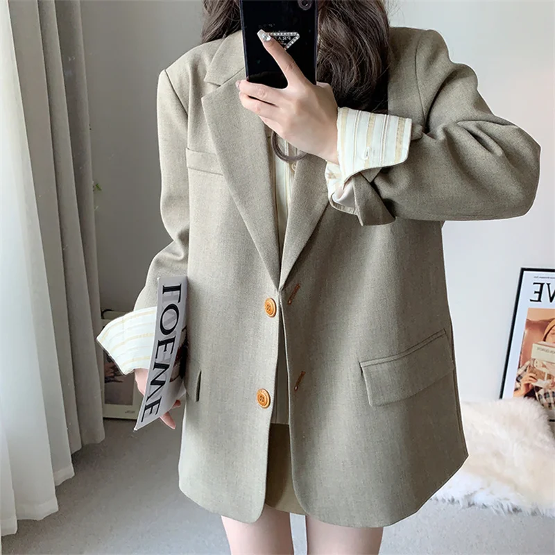 Khaki Color Suit Jacket for Women in Spring Autumn 2024 New High-end Silhouette Retro Loose Versatile Casual Suit Solid Color WF