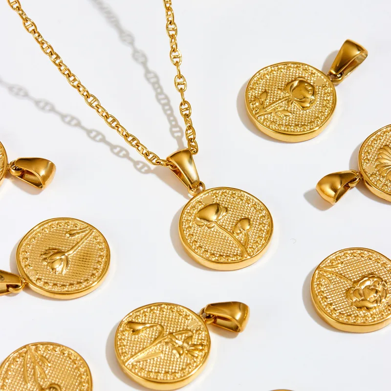 

Stainless Steel Coin Pendant Zodiac 12 Month Birthday Flower Pendant Gold Plated Custom Necklace Bracelet DIY Charm Women