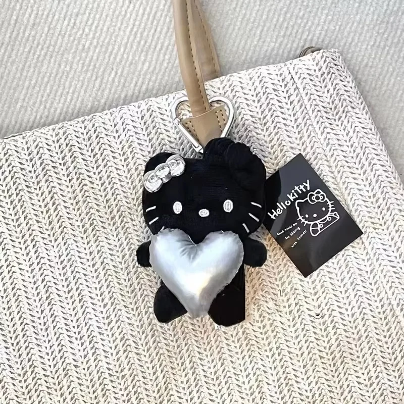 

Black Silver Color Matching Love Black Leather Hello Kitty Pendant Backpack Love Girl Plush Keychain Cute Instagram Pendant Toy