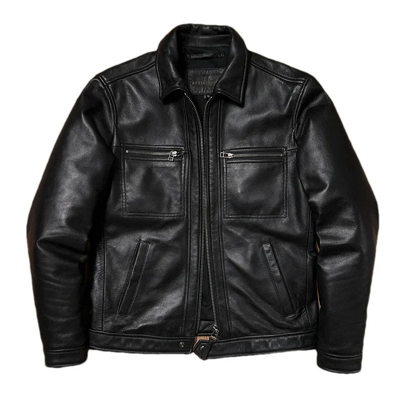 Black Autumn Leather Jacket Men Smart Casual Style Plus Size 5XL Genuine Natural Sheepskin Turn-Down Collar Leather Coat