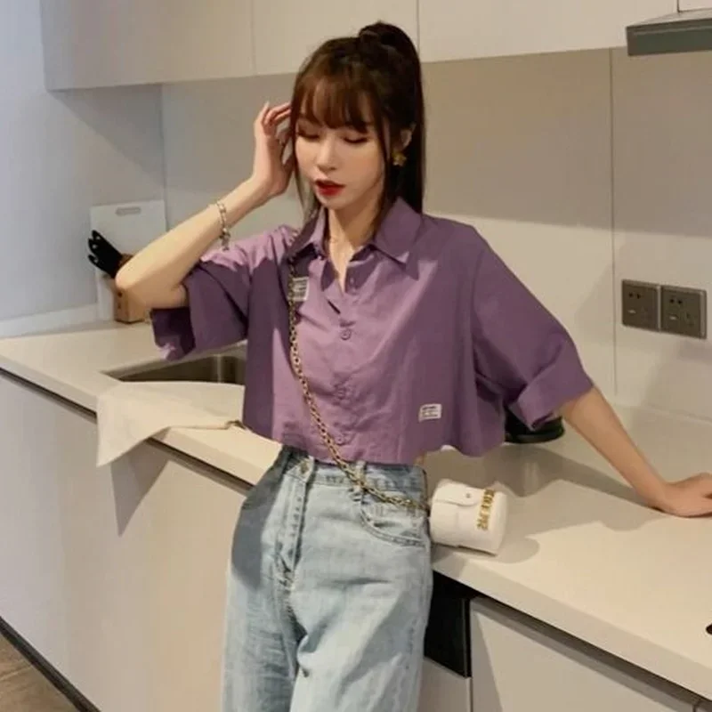 T-shirt Women All-match Cropped Summer Vintage Purple Loose Solid College Sweet Daily Sexy Simple Camisa Casual Mujer Breathable