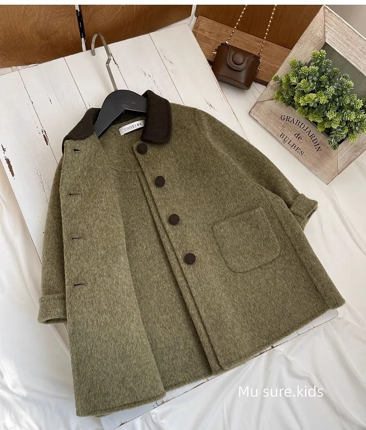 Korean version of children's autumn  winter new retro green lapel bow coat for baby girls long woolen coat tide 90-140cm