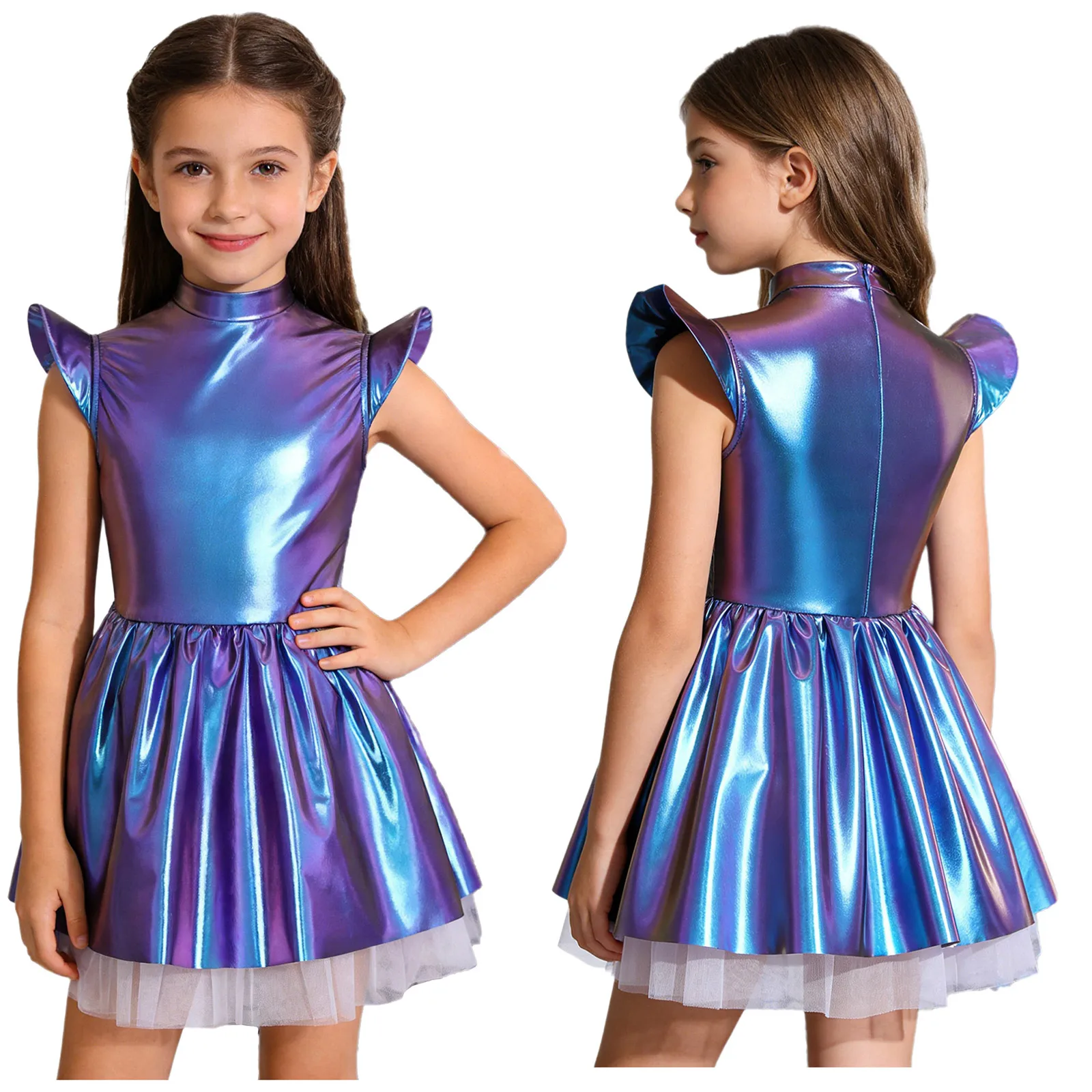 Kinder Mädchen Alien Dress Up Kostüm Prinzessin Kleid Schillerndes, glänzendes Stehkragen-Tutu-Kleid mit fliegenden Ärmeln und Rüschen für Festival-Events