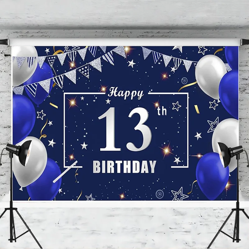 Happy 13th Birthday Backdrop Decoration Banner for Boys Girls Navy Blue Silver Teenager 13 Years Photo Background Party Supplies