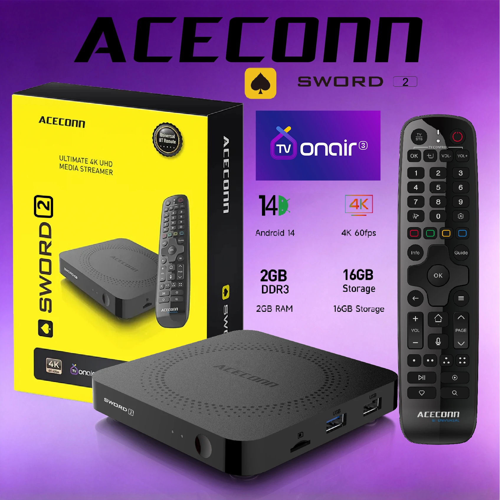 4K Android14 iptv box 2026 Best TV Box ACECONN Sword TV Box TVONAIR3