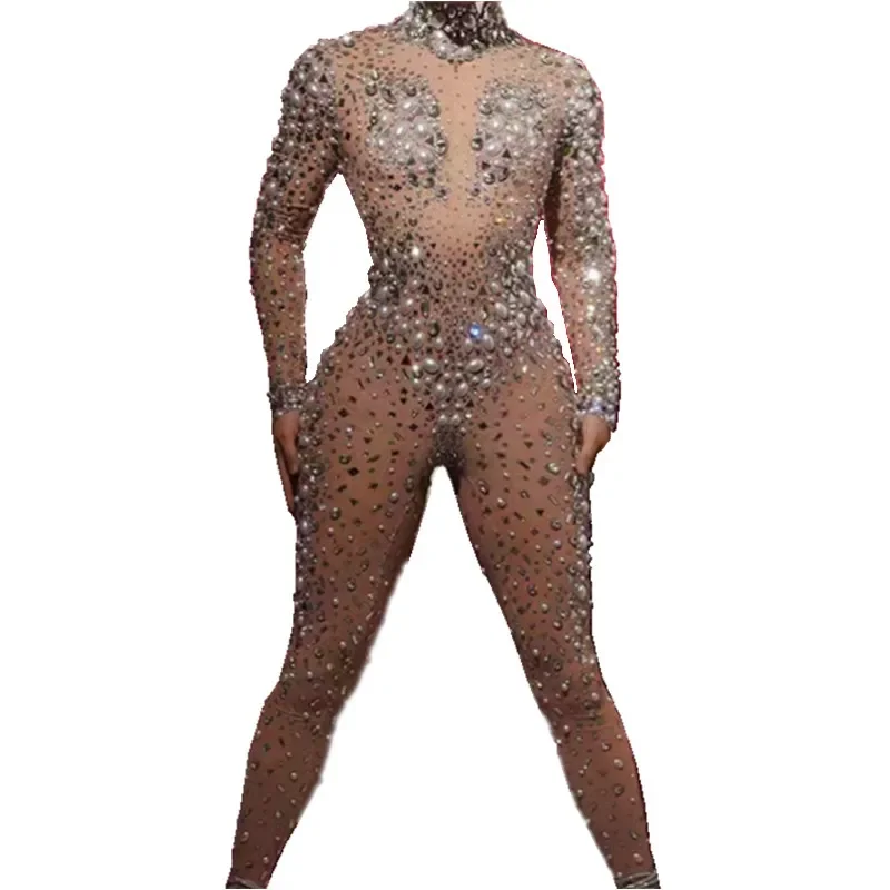 

Sexy Mesh Shining Pearl Rhinestones Skinny Jumpsuit Women Singer Nightclub Show Stage Wear Birthday Party Crystals Dance Costume