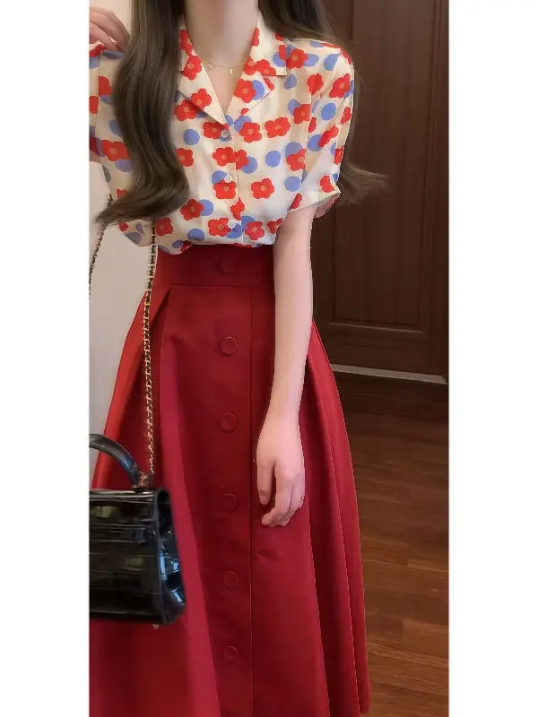 

Korean Sle Polka Dot Print Blouse And Skirt Set Summer Faion Two-Piece Suit Women's Cotton ort Sve Ne Top