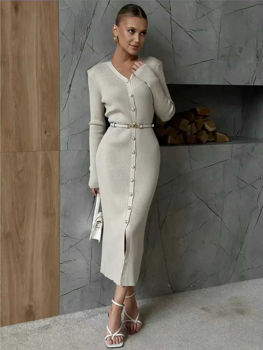 

EINY Elegant Evening Dress Women V Neck Long Sleeve Single Breasted Sweater Slit Dresses Autumn Winter Knitwear Maxi Dress traf