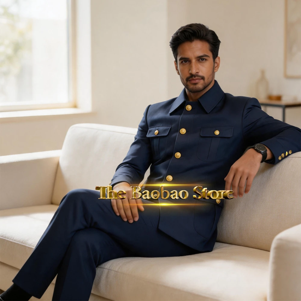 Mens Navy Blue Suit 2 Piece Suit Jacket Pants Set Formal Male Safari Outfit for Wedding Party Celebration Prom Evening Events