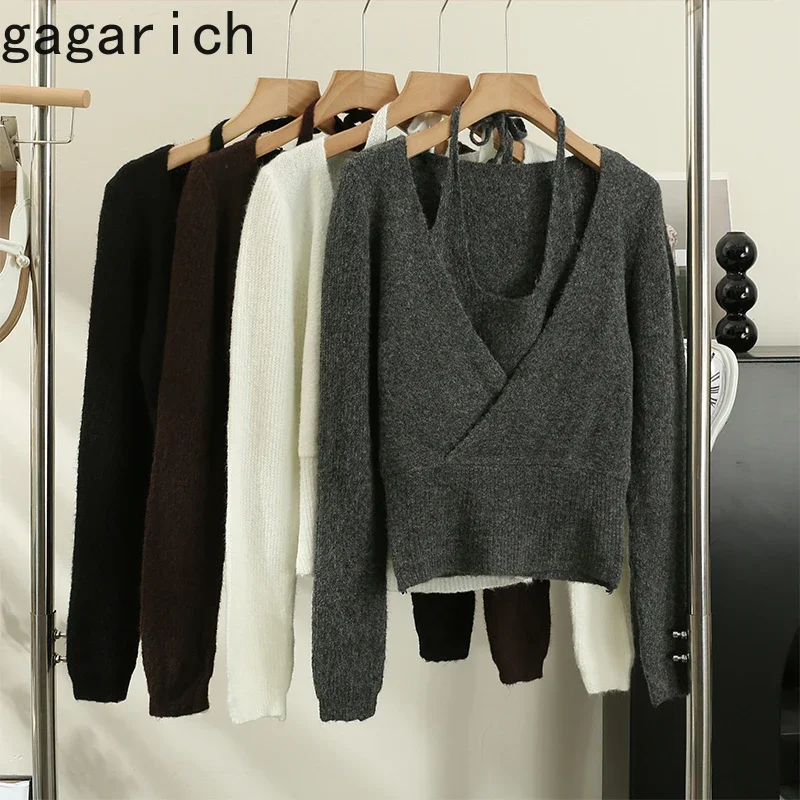 Gagarich Design Halter Neck Openwork Fake Two-piece Sweater Women Autumn Winter New Slim Foreign Hot Girl Bottom Pullover